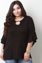 Load image into Gallery viewer, Stretch Knit Keyhole Ruffle Bell Sleeve Top