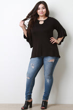 Load image into Gallery viewer, Stretch Knit Keyhole Ruffle Bell Sleeve Top