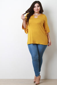 Stretch Knit Keyhole Ruffle Bell Sleeve Top