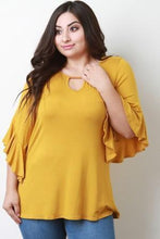 Load image into Gallery viewer, Stretch Knit Keyhole Ruffle Bell Sleeve Top