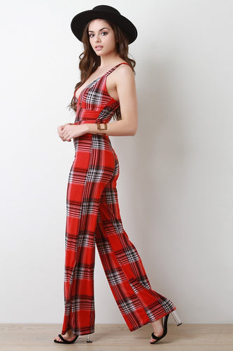 Plaid V-Neck Palazzo Jumpsuit