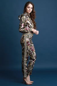 Metallic Floral Camouflage Ruffle Shoulder Track Suit