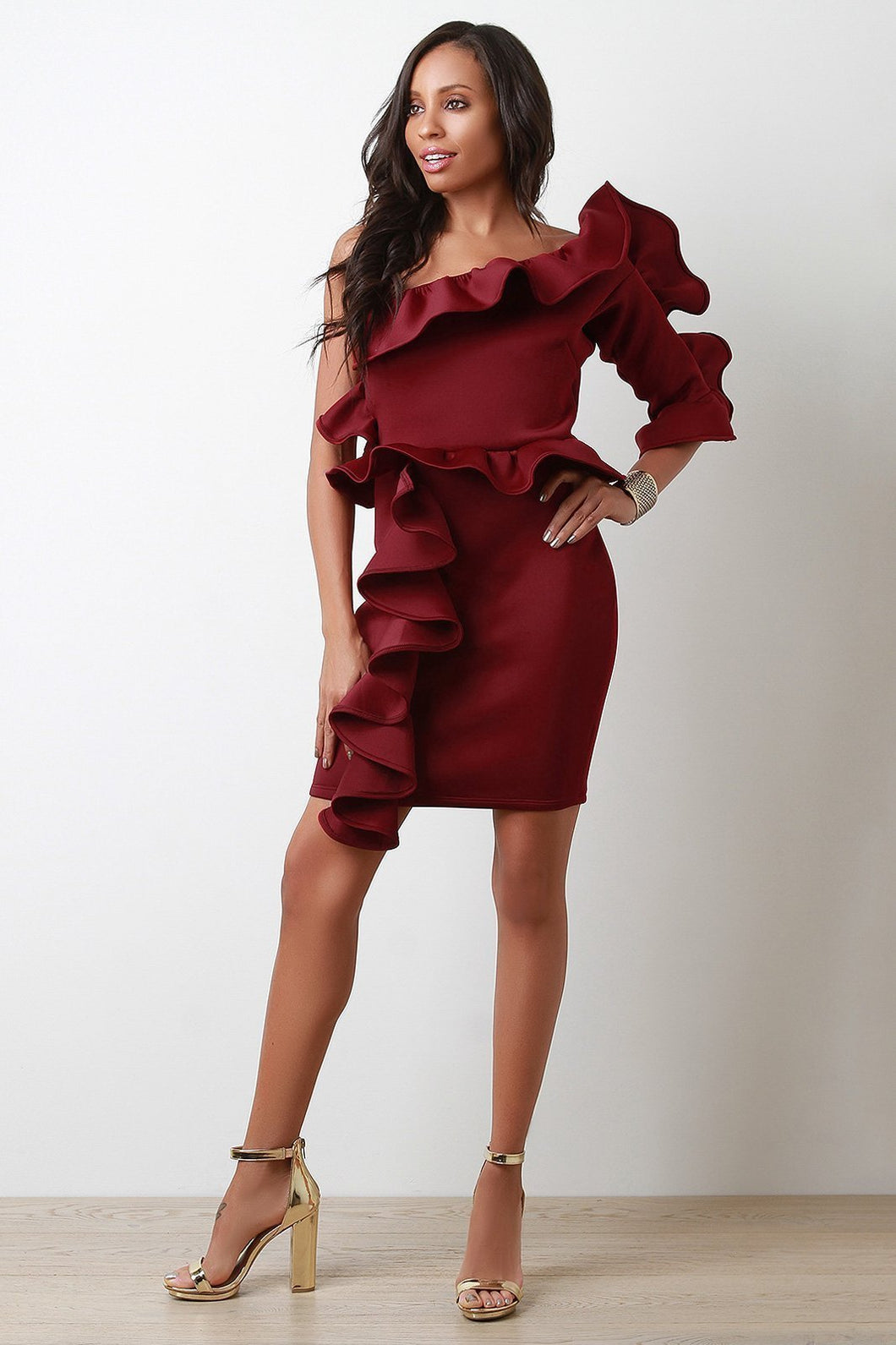 Statement Ruffled One Shoulder Midi Dress