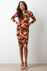 Abstract Whirl Keyhole Yoke Midi Dress