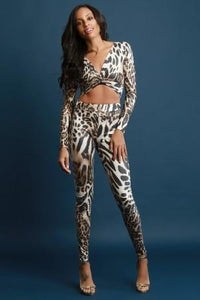 Leopard Print Open Midriff Long Sleeve Jumpsuit