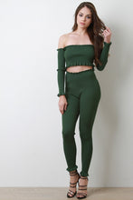 Load image into Gallery viewer, Rib Knit Ruffle Bardot Crop Top and Leggings Set