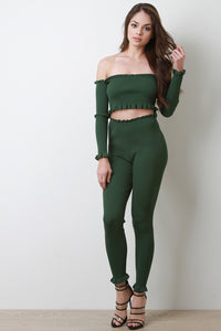 Rib Knit Ruffle Bardot Crop Top and Leggings Set