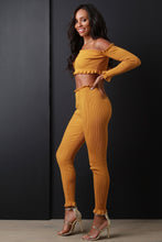 Load image into Gallery viewer, Rib Knit Ruffle Bardot Crop Top and Leggings Set