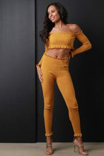 Load image into Gallery viewer, Rib Knit Ruffle Bardot Crop Top and Leggings Set